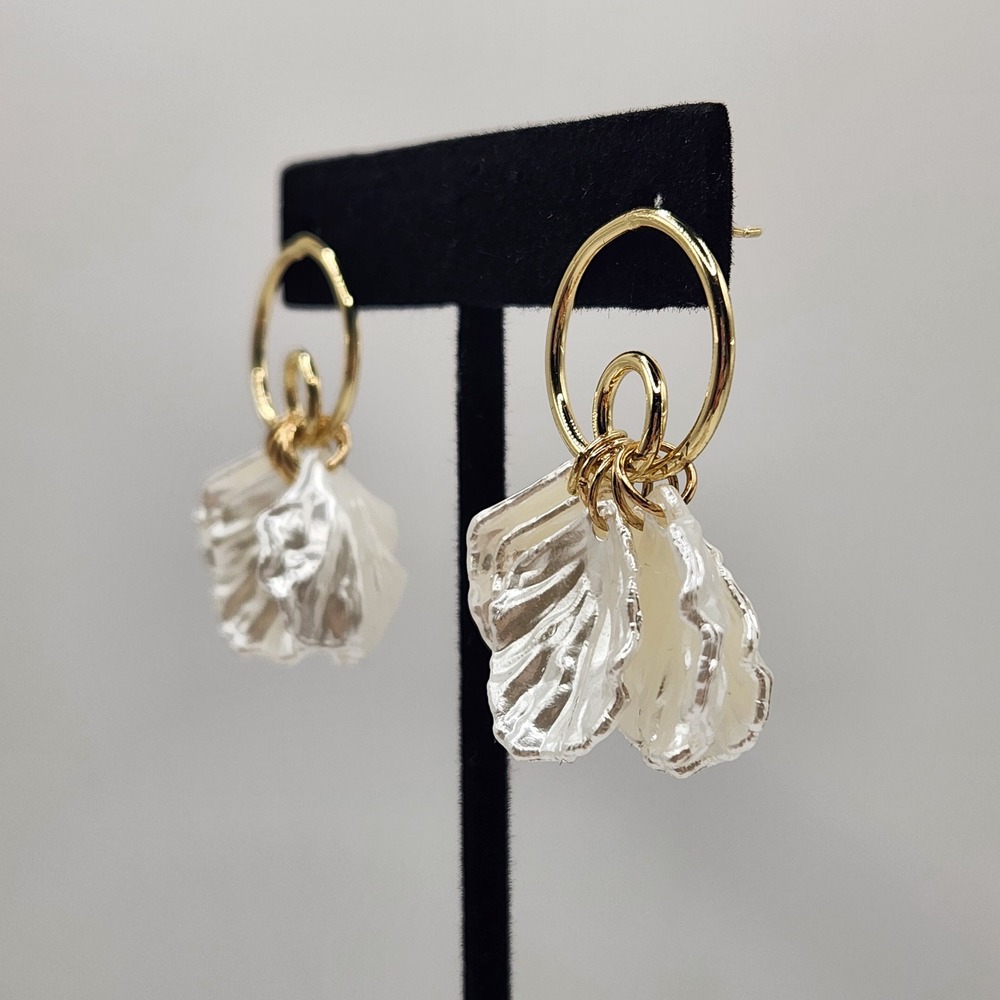 Gold Tone Hoop Earrings with White Petal Dangles Statement - Picture 2 of 6